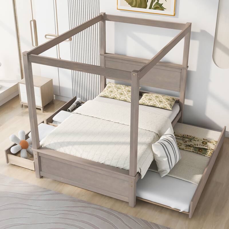 Wood Canopy Bed with Trundle Bed and two Drawers