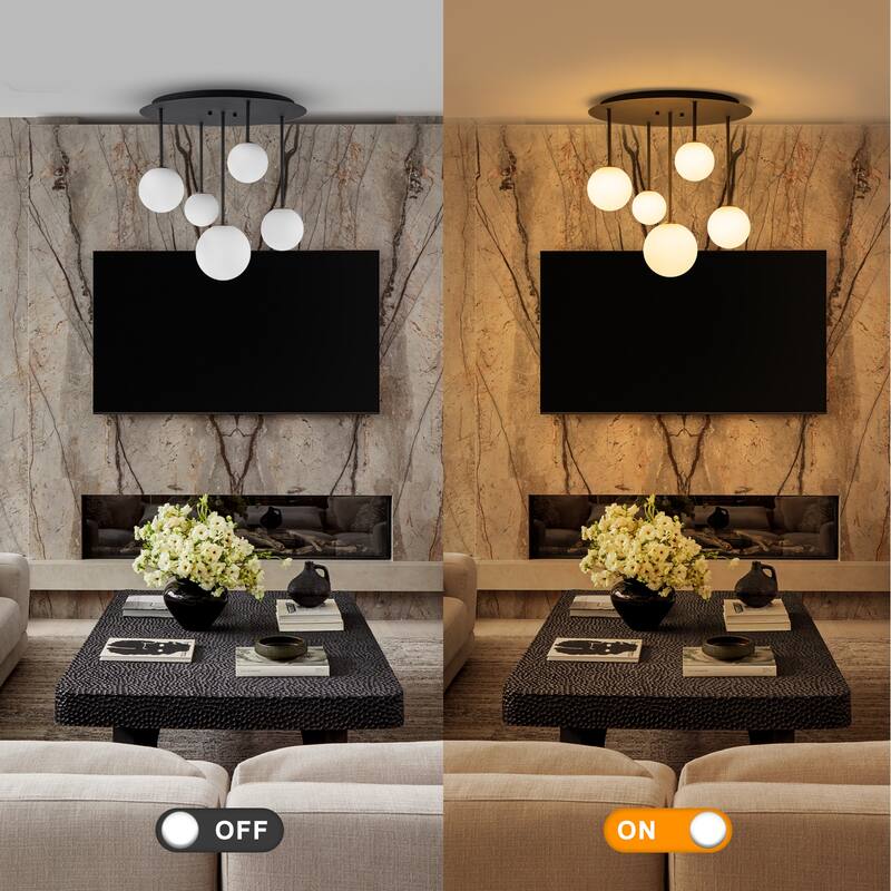5 Light Branch Semi-Flush Mount Lighting with Milky White Glass Globes