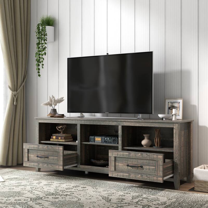 Contemporary TV Stand with 4 Open Storage Compartments and 2 Drawers, Fits 60 TVs, 70 W.
