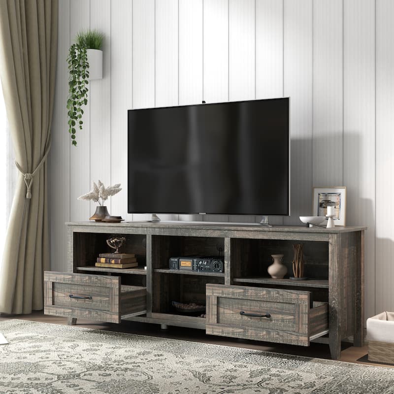 Farmhouse TV Stand with 3 Storage Shelf and 2 Capacity Removable Drawers for Living Rooms Playrooms​