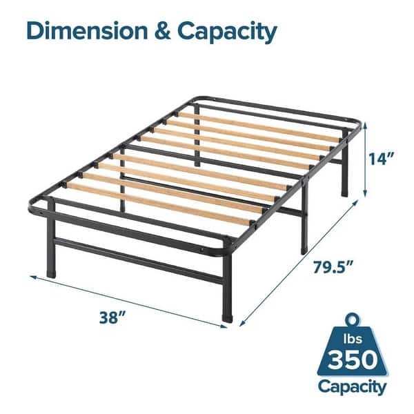 dimension image slide 1 of 2, Black Steel Bed Frame with Wicker Wood Slats, 14inch Height, Center Support Legs, Box Spring-Free Platform Design