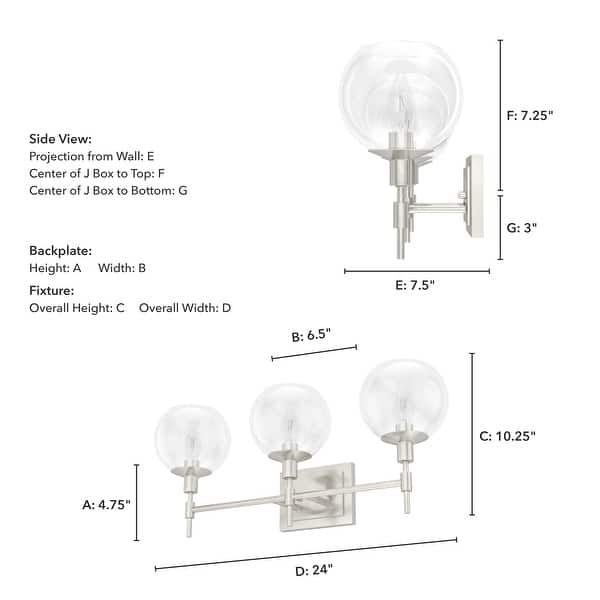 dimension image slide 5 of 7, Hunter Xidane Vanity Wall Light - Bathroom, Mid Century Modern, Glam - Clear glass