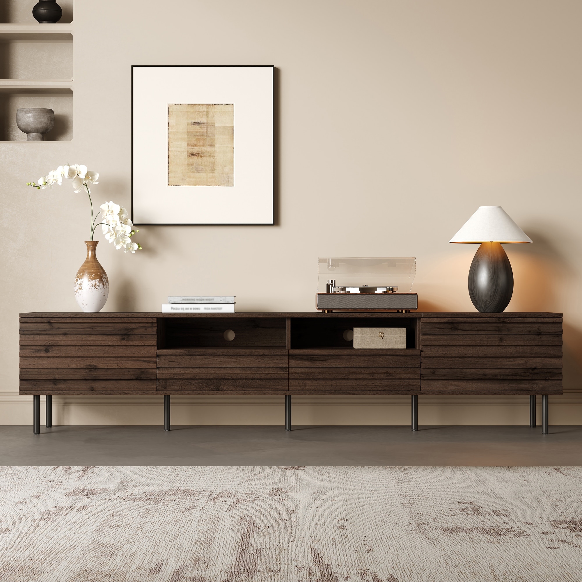 TV Stand for TVs up to 85", Entertainment Center with 2 Drawer & 2 Cabinet, Open Shelves, Wood TV Console with Cable Management