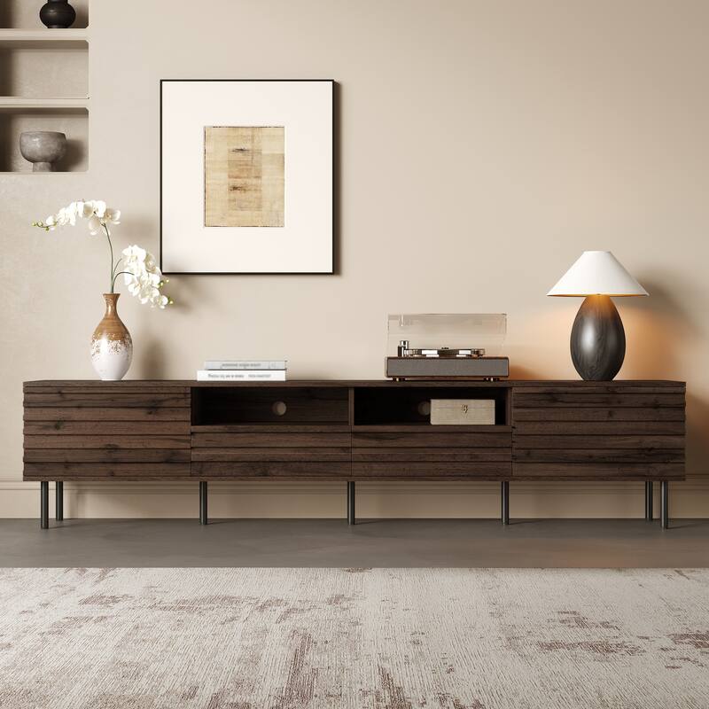 TV Stand for TVs up to 85", Entertainment Center with 2 Drawer & 2 Cabinet, Open Shelves, Wood TV Console with Cable Management - Walnut