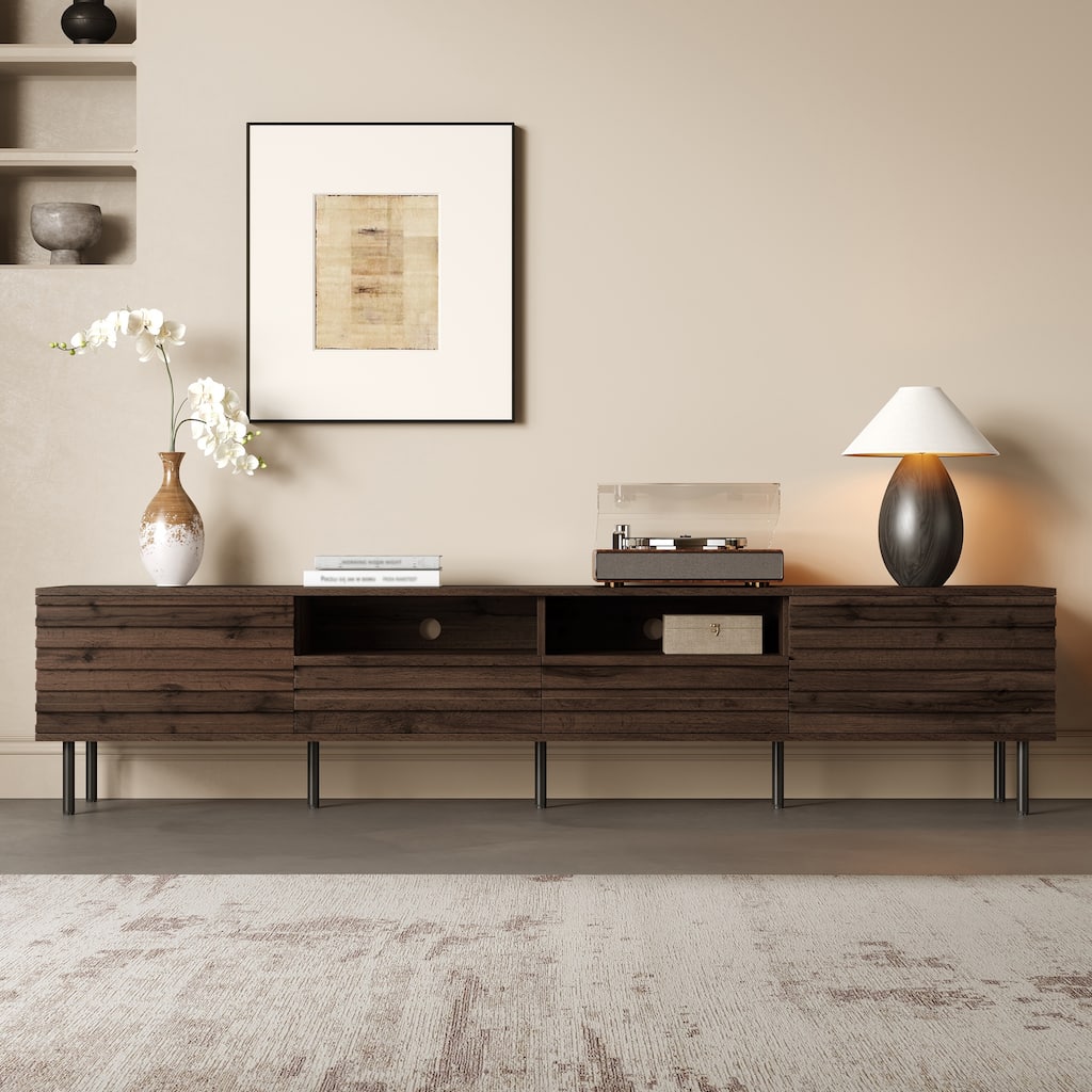 TV Stand for TVs up to 85", Entertainment Center with 2 Drawer & 2 Cabinet, Open Shelves, Wood TV Console with Cable Management