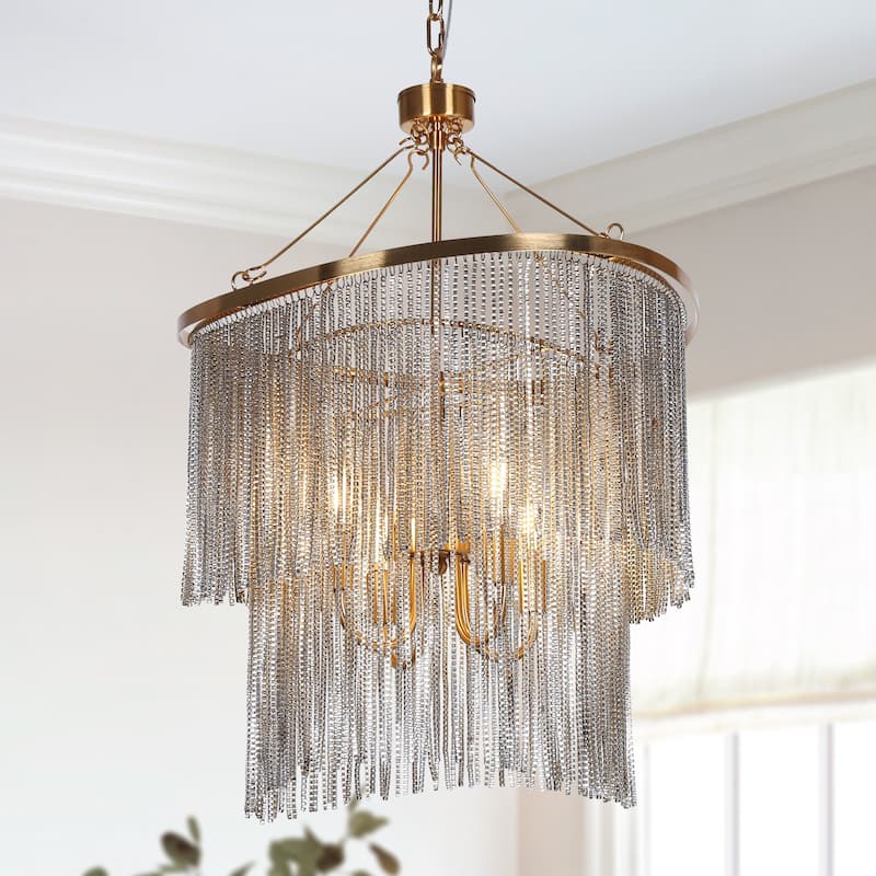 Modern Gold 4-Light 2-Tier Chandelier with Flowing Aluminum Chain - D18.8" x H26.7"