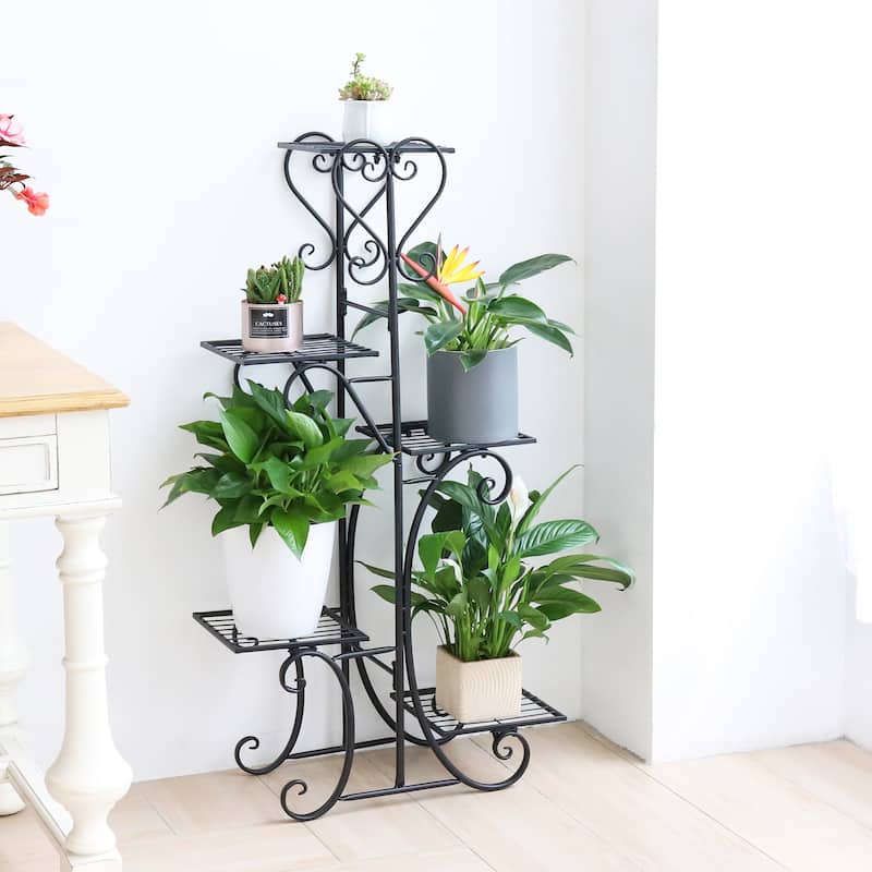 Multi-Tiered Plant Stand Metal Iron Shelf - Black
