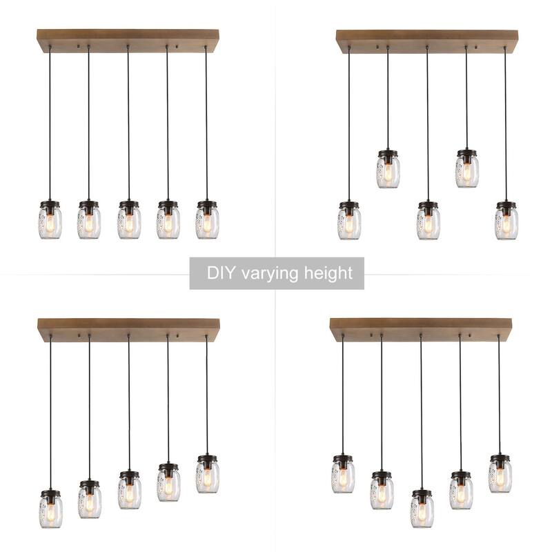 Farmhouse 5-Light Linear Glass Chandelier Wood Canopy Island Lights