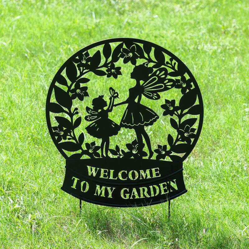 Glitzhome 30"H Multi-functional Metal Rabbit Flower Fairy Silhouette with Welcome Sign Garden Yardstake Wall Decor