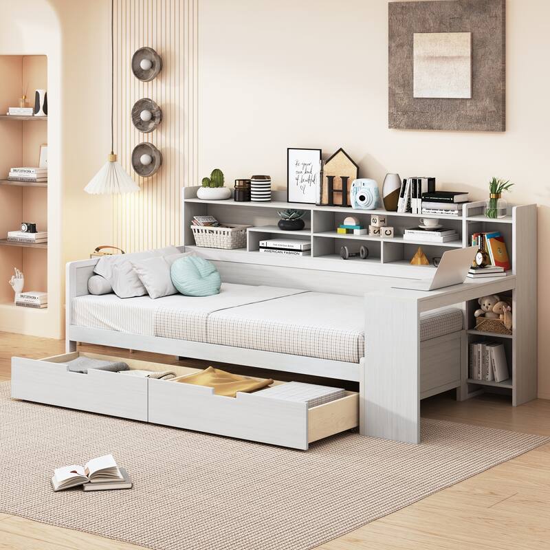 Wooden Daybed with Storage Shelves, Multi-functional Bed with Two Storage Drawers and Study Desk