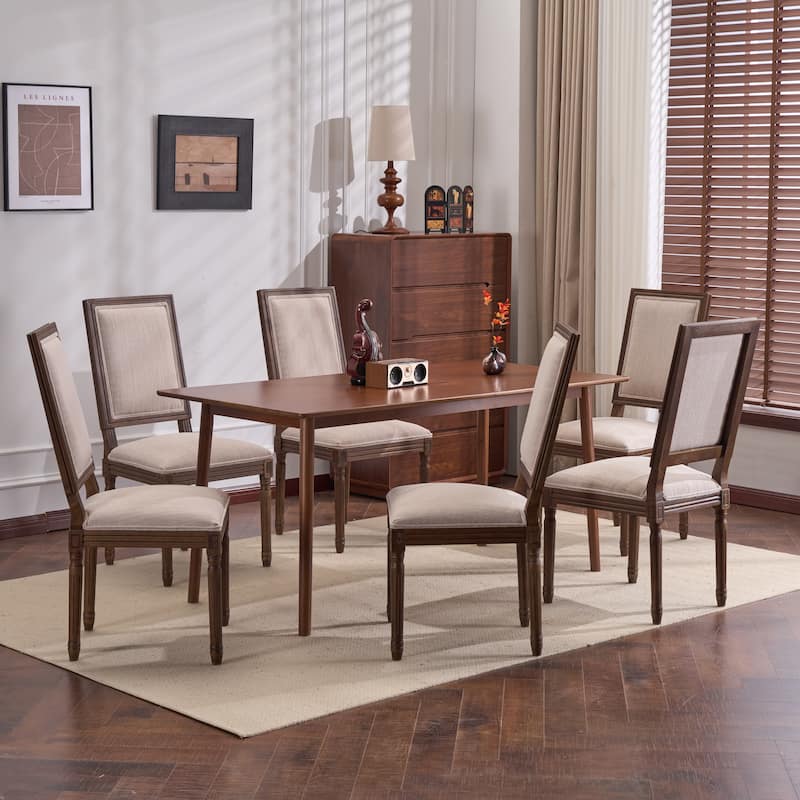 Christopher Knight Home - French Country Dining Chairs Set with Upholstered Backrest & Upholstered Seats with Fluted Legs - Set of 6 - Beige + Walnut