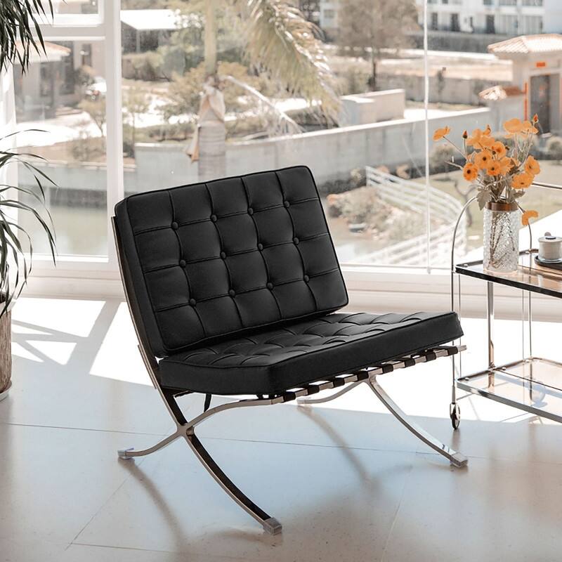 Mid Century Tufted Top Grain Leather Upholstered Lounge Chair