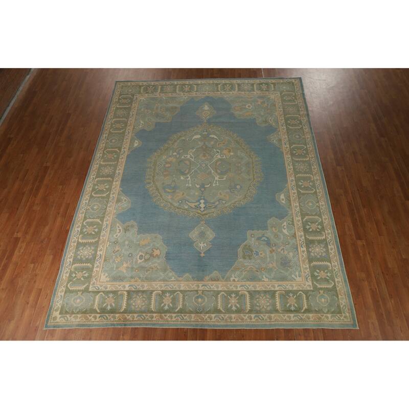 Hand Knotted Oriental 100% Wool Carpet Transitional Medallion Navy Blue & Blues Oushak Area Rug - 11' 11'' X 9' 2''