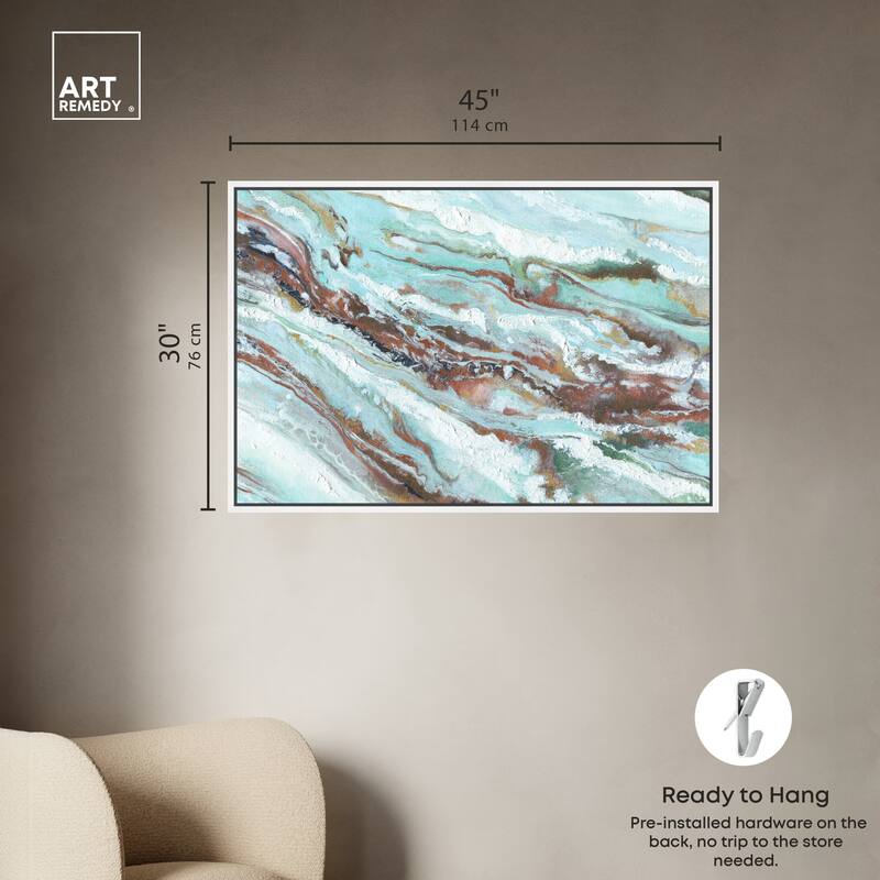 Art Remedy Mint Waves Framed Blue Abstract 1 Piece Canvas Wall Art