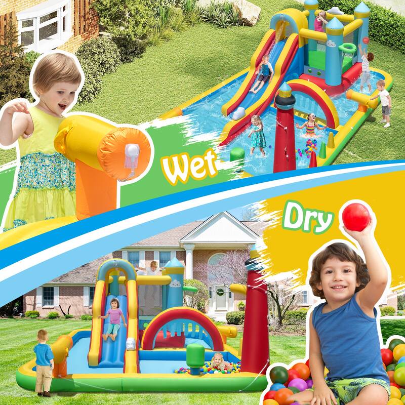Gymax Inflatable Water Park w/Ocean Balls Climbing Wall Ball Pit Toss - Multicolor