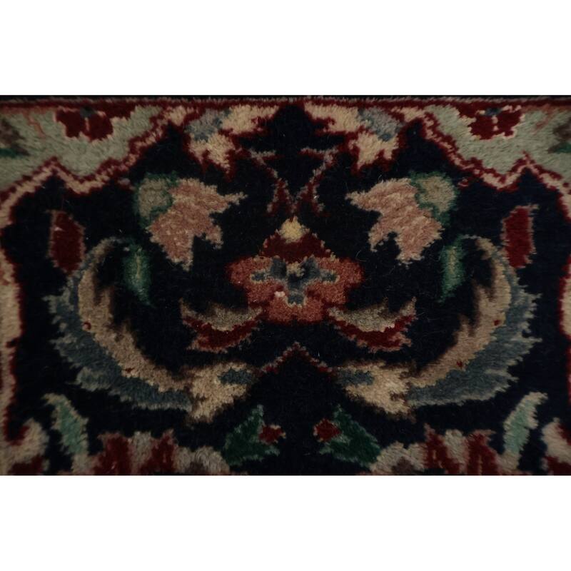 Hand Knotted Oriental 100% Wool Carpet Traditional Floral Navy Blue & Blues Kashan Runner Rug - 13' 10'' X 2' 7''