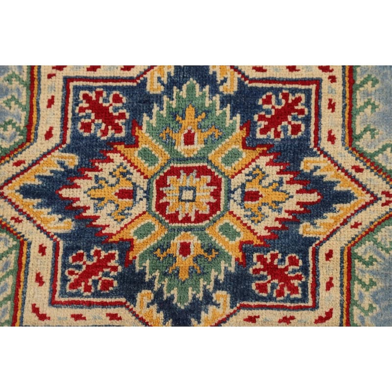 Light Blue Kazak Rug Handmade Geometric Wool Carpet - 4'10" x 6'1"