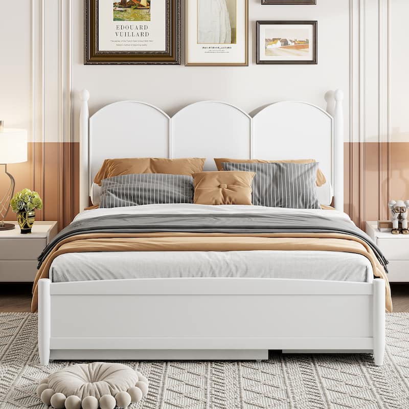 Queen Size Wood Platform Bed with 2 Drawers and Twin XL Trundle, Solid Wood Queen Bed Frame with Headboard, Wood Slats Support - White - Queen