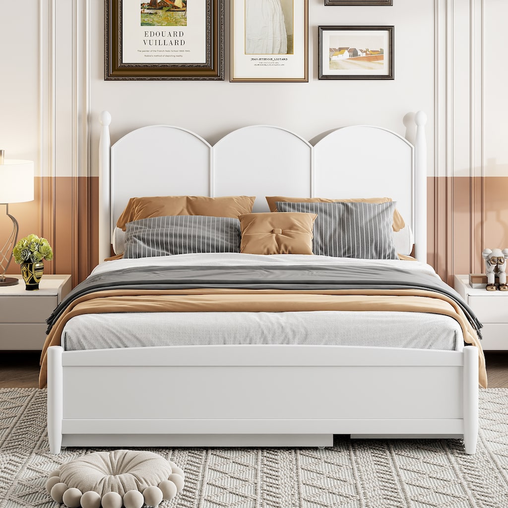 Queen Storage Bed with Twin XL Trundle, Wood Platform Bed Frame with Curved Headboard & 2 Storage Drawers, No Box Spring Needed