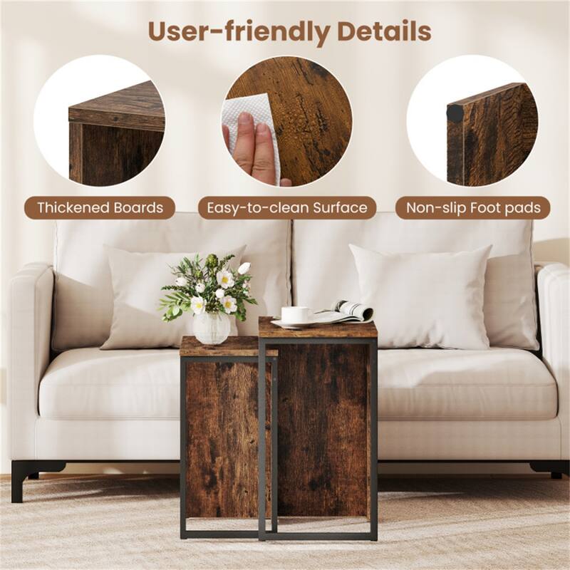 Rustic Brown-Black Metal and Engineered Wood Nesting End Tables Set - Large Table: 20" x 12" x 21"
