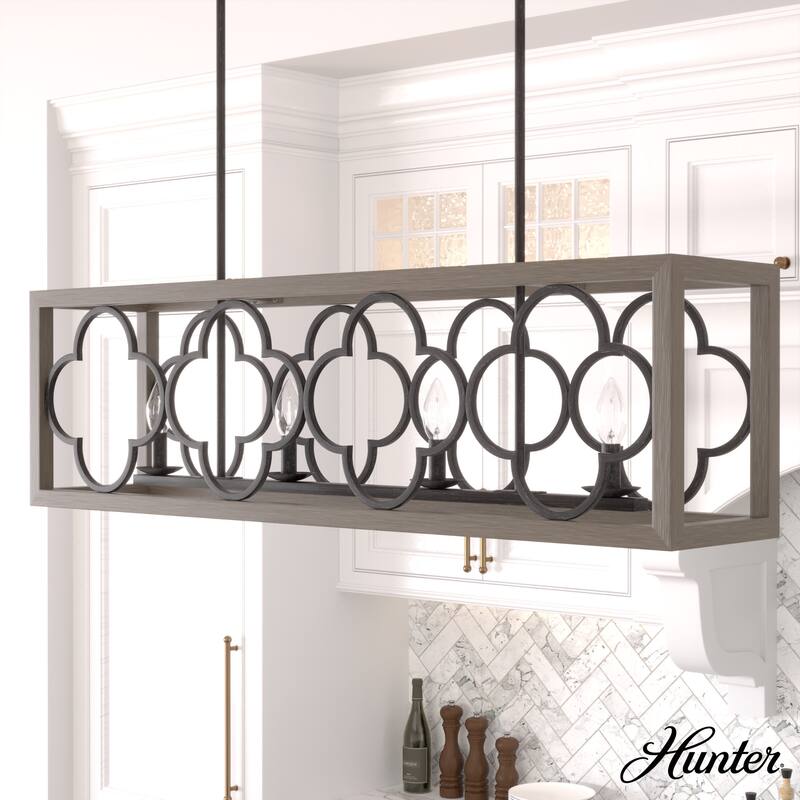 Hunter Gablecrest 4-Light Linear Chandelier - Kitchen Island, Dining Room - Modern Farmhouse, French Country, Distressed - French Oak-Rustic Iron