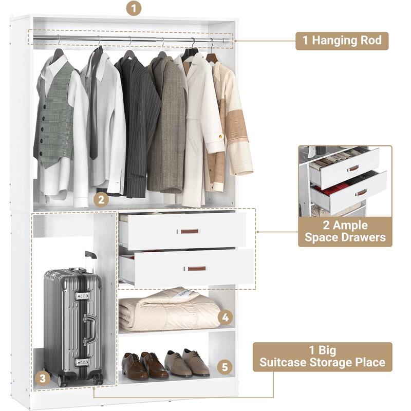Rackcog Freestanding Closet Organizer with Hanging Rod, Closet System Wardrobe with Wood Drawers