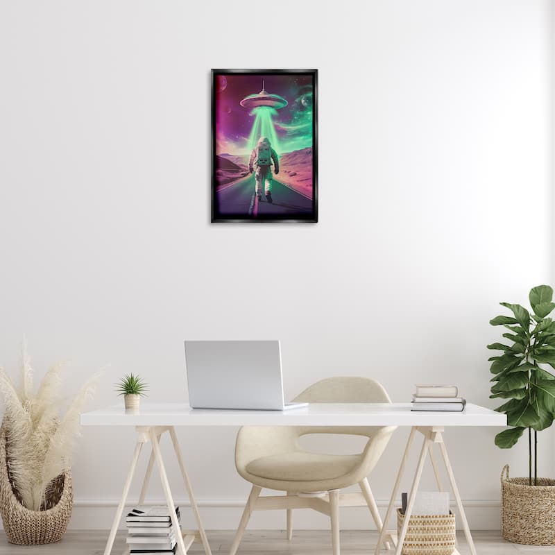 Stupell Astronaut Walking Toward UFO Framed Floater Canvas Wall Art Design By Wumples