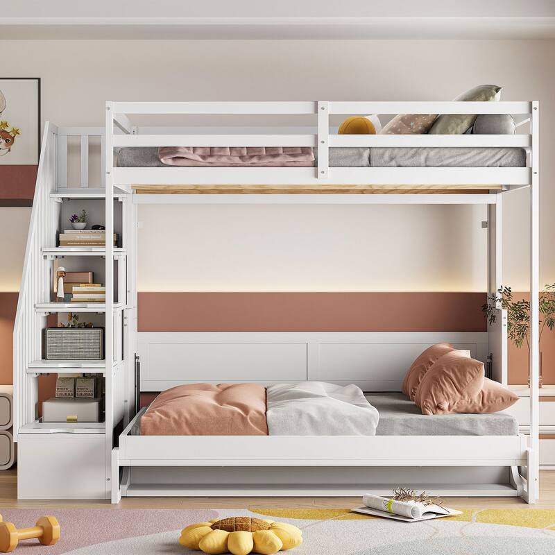 Full Over Full Size Murphy Bed with Hydraulic Lift and Desk Design, Solid Wood Bunk Murphy Bed Frame with Storage Staircase - White - Full