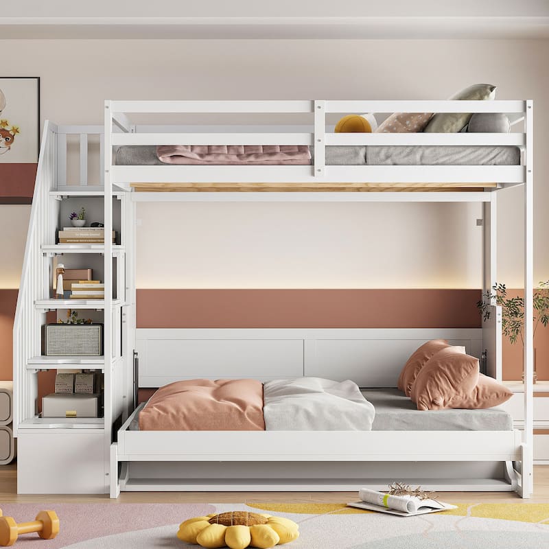 Roomfitters Full Over Full Murphy Bunk Bed with Hydraulic Lift, Foldable Desk and Storage Cabinet