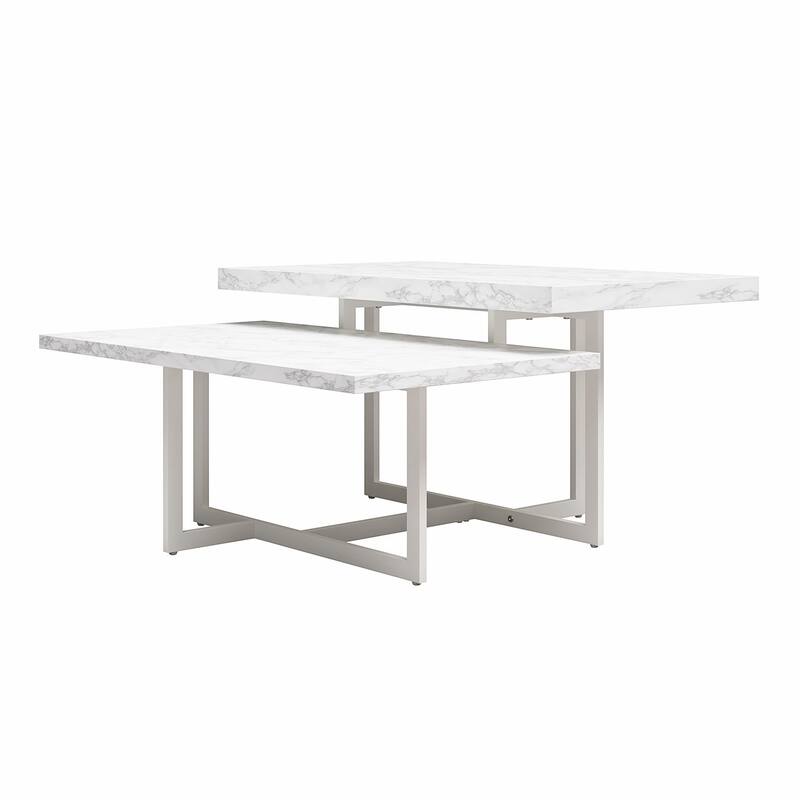 Roomfitters Brielle Two-Tier Coffee Table with Faux Marble Top and Metal Frame, White