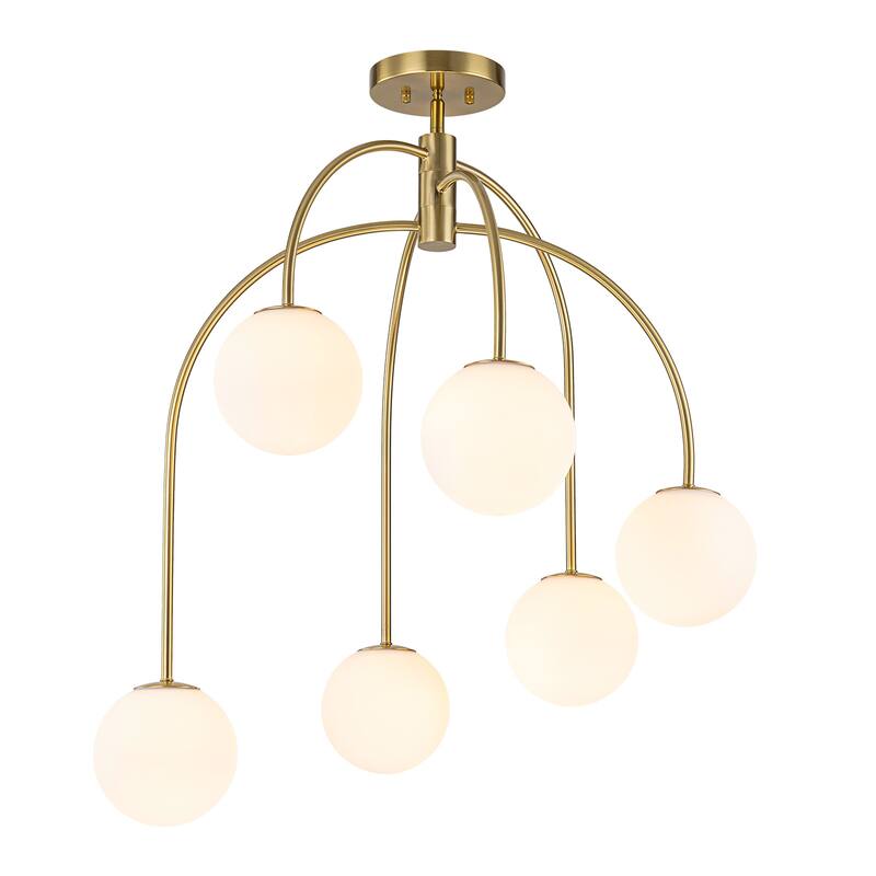 6-Light Brass Semi-Flush Mount Ceiling Light with Opal Glass Globe Shades - 27.2-in W x 32.3-in H