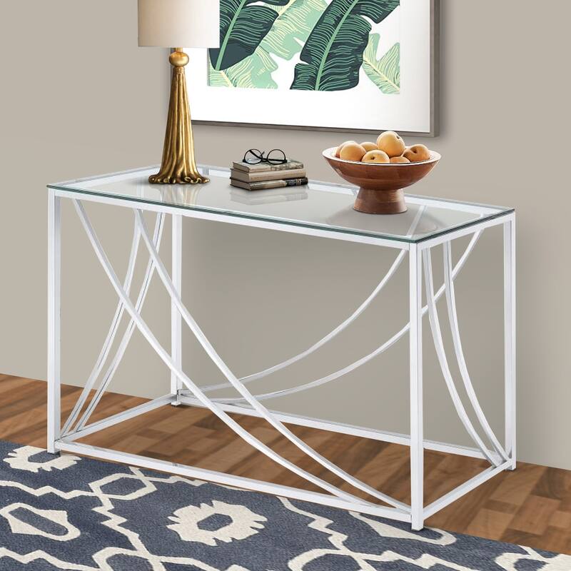Glass Top Rectangular Sofa Table with Swooping Curves, Clear and Silver