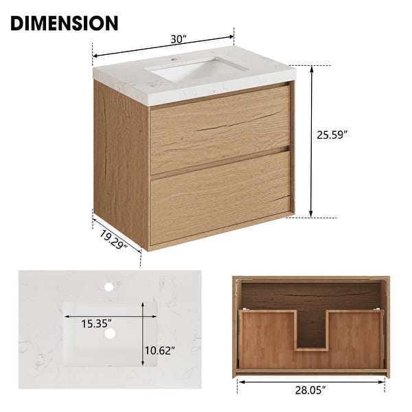 dimension image slide 0 of 4, Sylphar 30 inch Bathroom Vanity with Sink, Floating Oak Cabinet with Stone Top