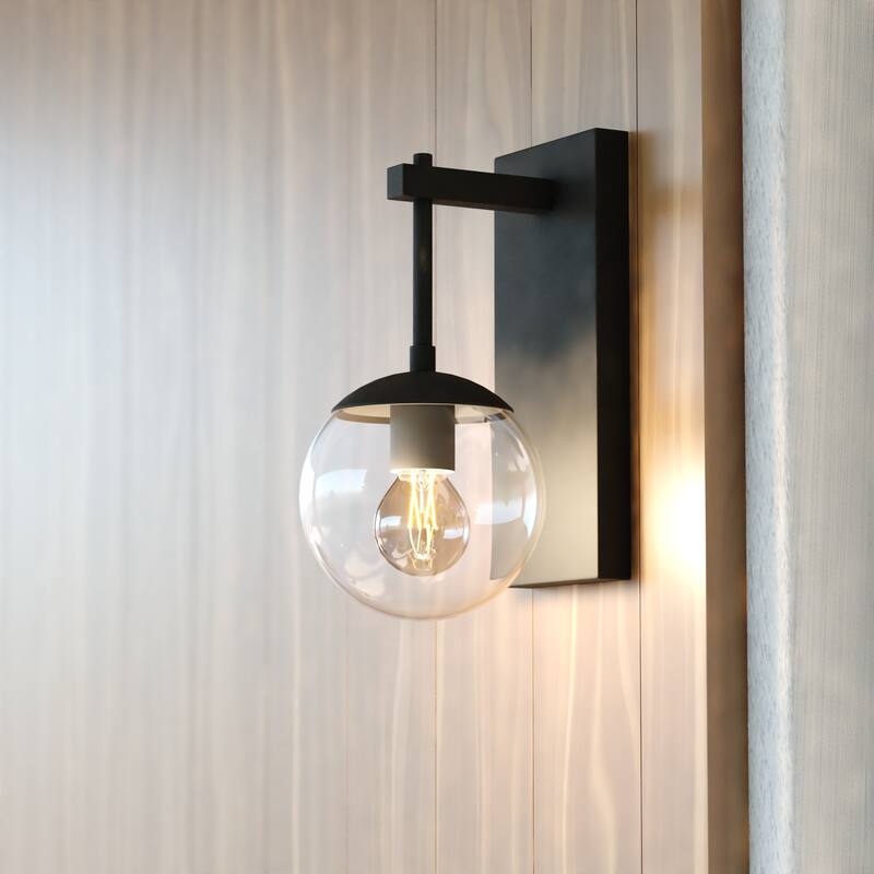 Keeler 1 Light Matte Black Indoor Outdoor Wall Sconce Clear Glass Globe Shade, LED Compatible - 6-in W x 12-in H x 7.5-in D - Matte Black - 6-in W x 12-in H x 7.5-in D