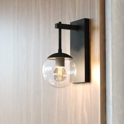Keeler 1 Light Matte Black Indoor Outdoor Wall Sconce Clear Glass Globe Shade, LED Compatible - 6-in W x 12-in H x 7.5-in D