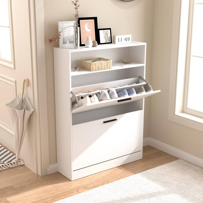 31.5'' Wood Hidden Shoe Storage Cabinet with 2 Flip Drawers - 2-Tier