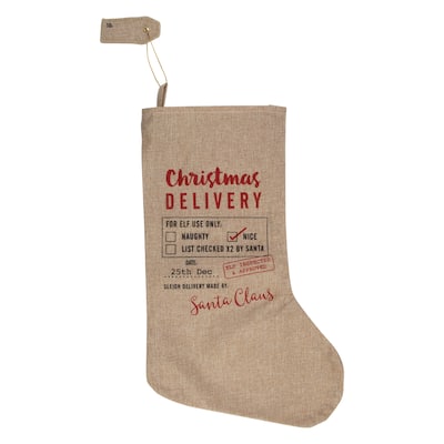 19" Beige and Red "Christmas Delivery" Stocking With Hanging Tag