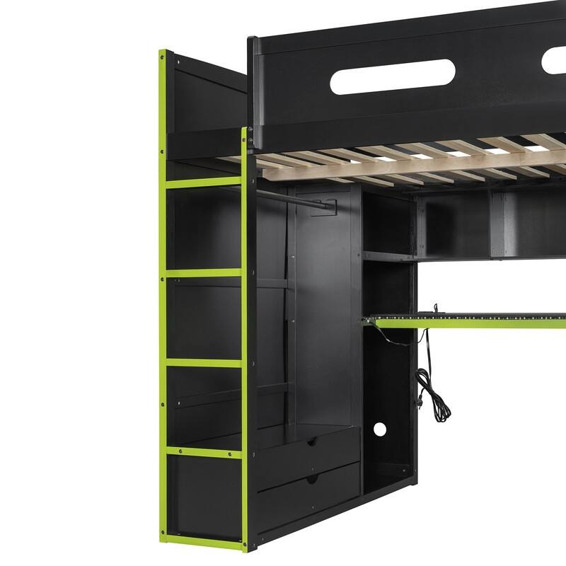 Full Size Wood Loft Bed with Desk,Wardrobe,Ample Storage Space,and RGB LED Light
