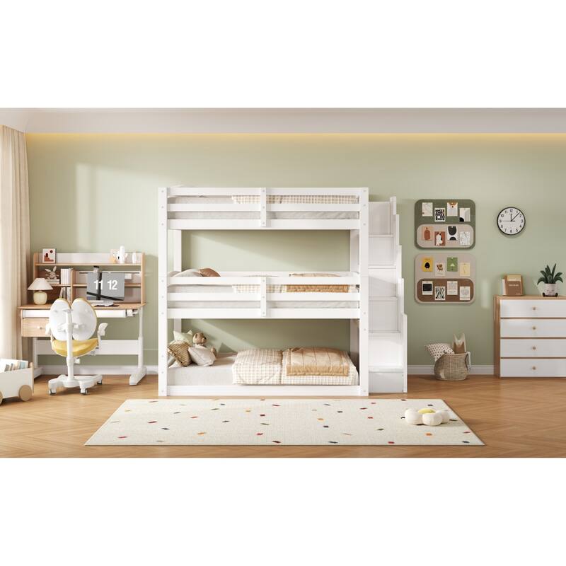 Roomfitters Full Triple Bunk Bed with Storage Staircase, Separable Design