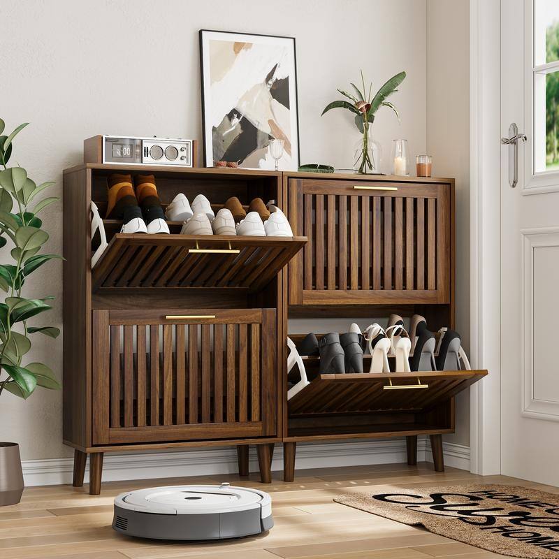 23.62"W Walnut Grille Striped Shoe Cabinet, 12 Pair Shoe Storage Cabinet W/2 Flip-Top Drawer - N/A