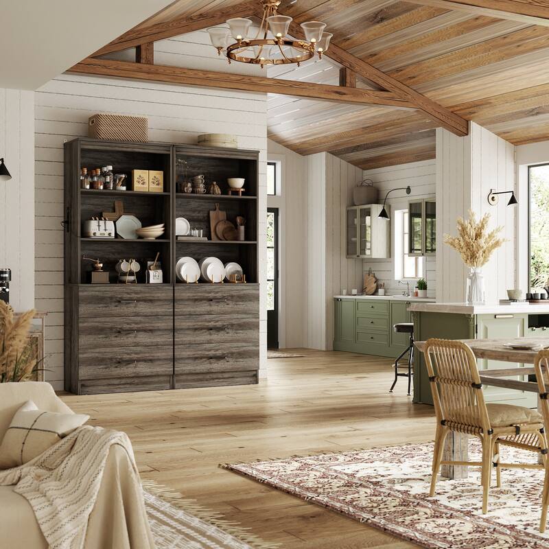 Tall Buffet Sideboard with Charging Station, Storage Pantry Organizer with Drawers and Shelves