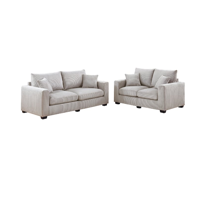 Jesica 2pc Loveseat Sofa Set, 2 Accent Pillows, Ivory Corduroy Fabric