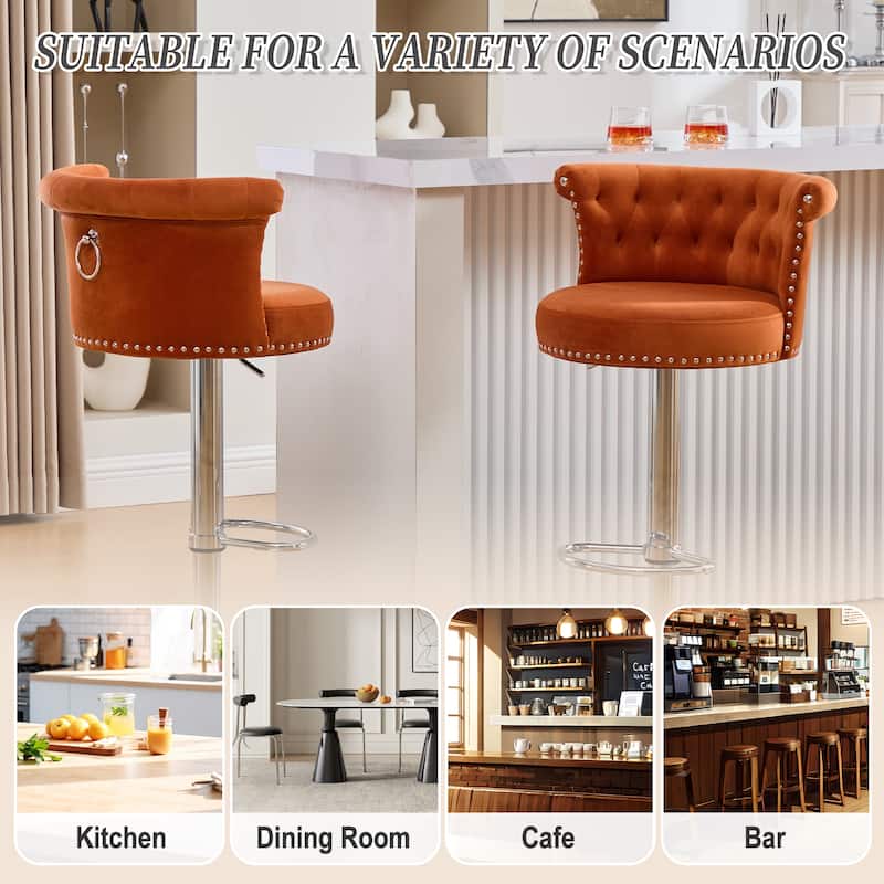 Velvet Upholstered Bar Stool Set of 2, Adjusatble Height Swivel Bar Stools, Dining Chairs with Curved Backrest & Footrest
