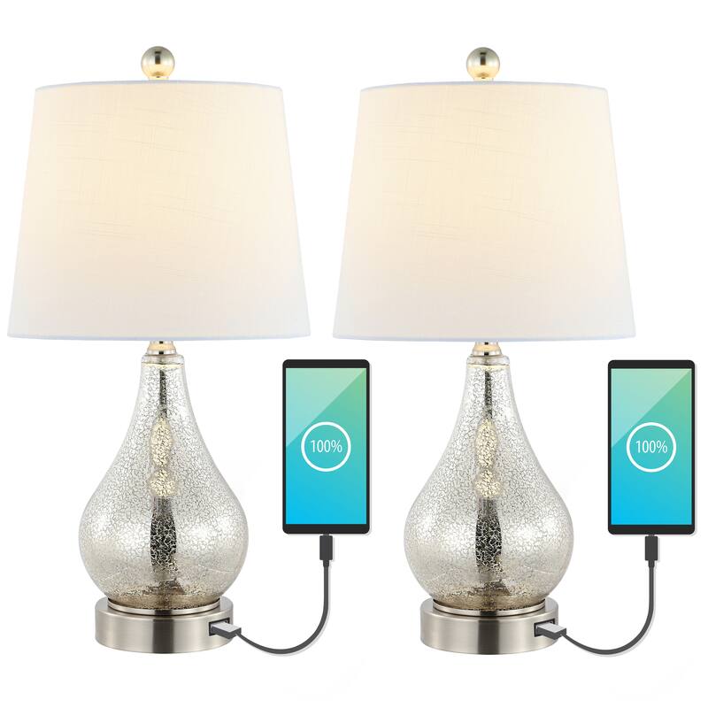 Lily 21" Farmhouse Industrial Iron/Glass LED Table Lamp with USB Charging Port, Silver (Set of 2) by JONATHAN Y