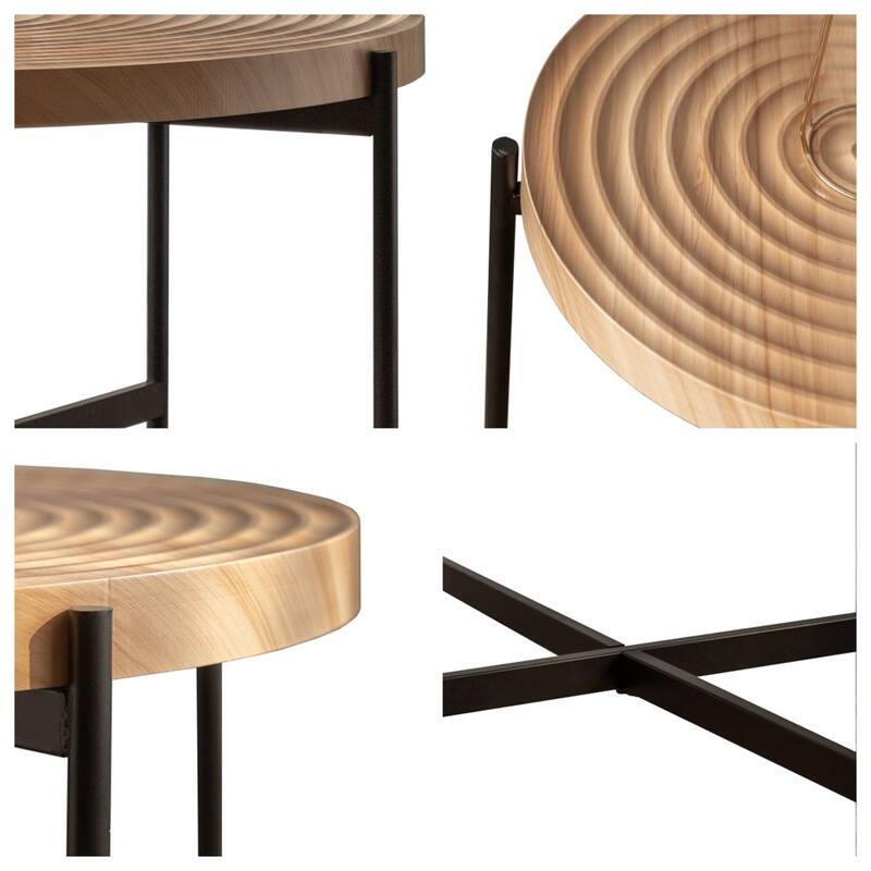 Wood Thread Round Coffee Table with Cross Legs Metal Base(Set of 2