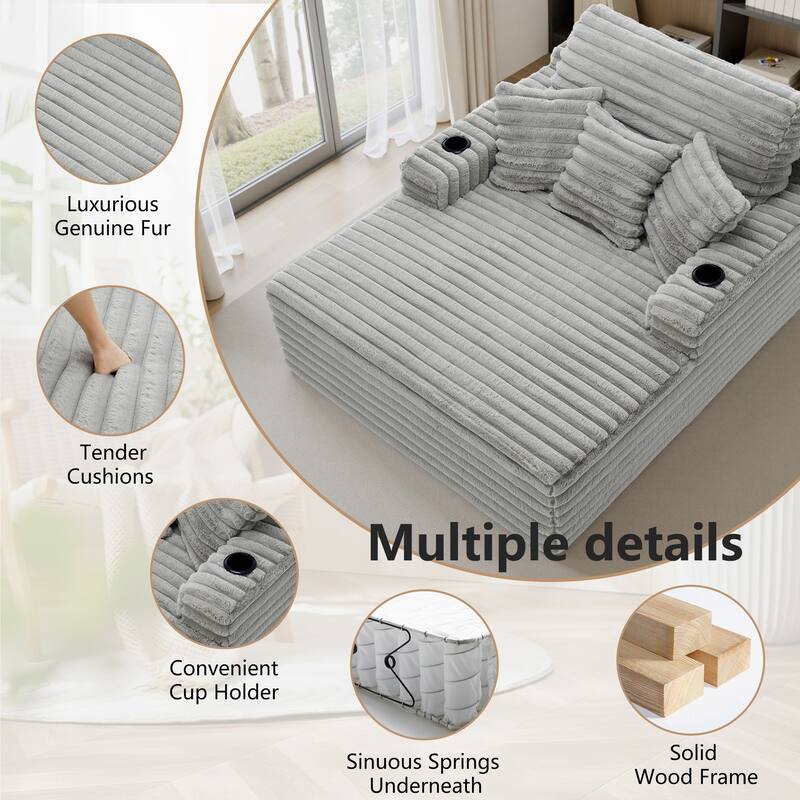 53"W Oversized Plush Fur-Like Chaise Lounge Sofa with Cup Holder