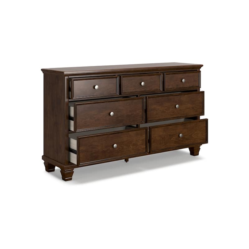 Reno Wide Dresser, 7 Storage Drawers, Nickel Round Knobs, Rich Brown