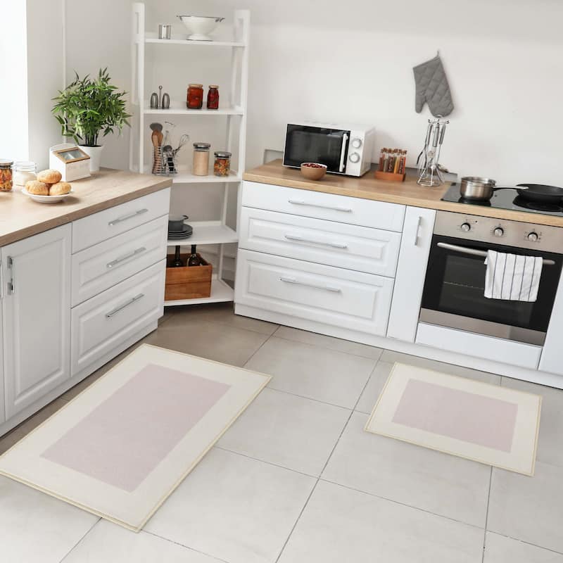 Modern Washable Non-Slip Backing 2 Piece Kitchen Rug Set by Superior - White