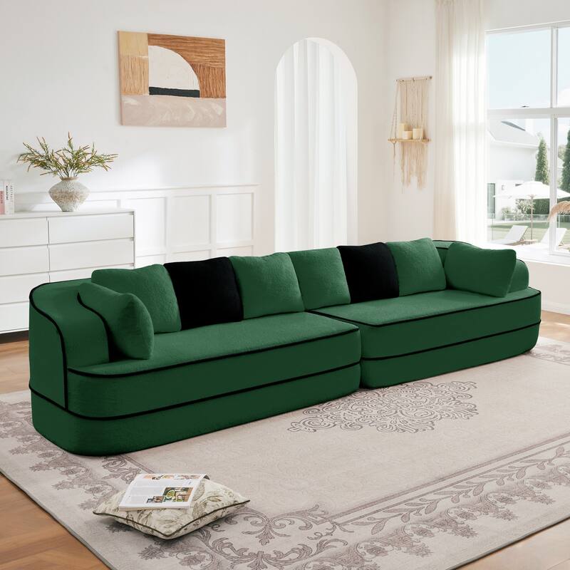 Roomfitters No Assembly Modular Sofa, 106 Inch Teddy Fabric Floor Couch with Chaise, Green