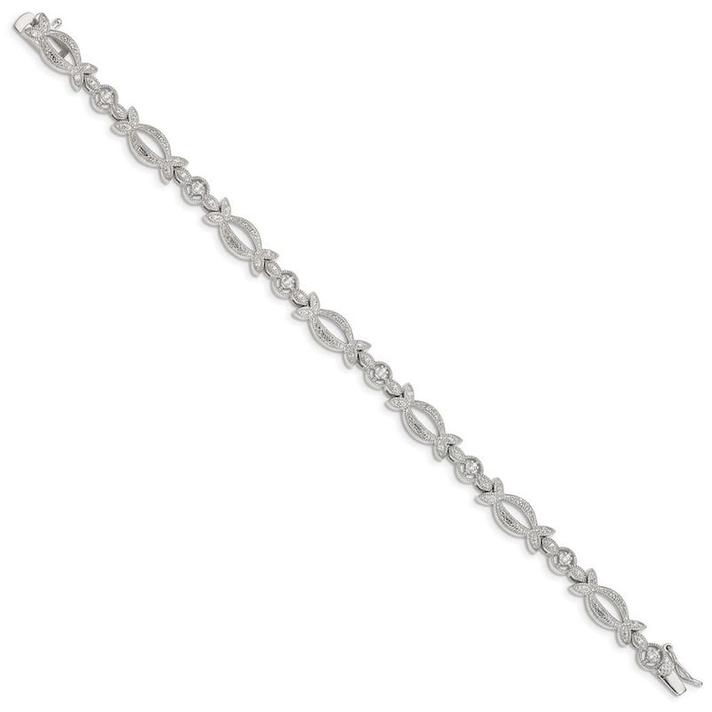 Curata 925 Sterling Silver Textured Polished Open back Box Catch Closure CZ Cubic Zirconia Simulated Diamond Bracelet 7.25 Inch